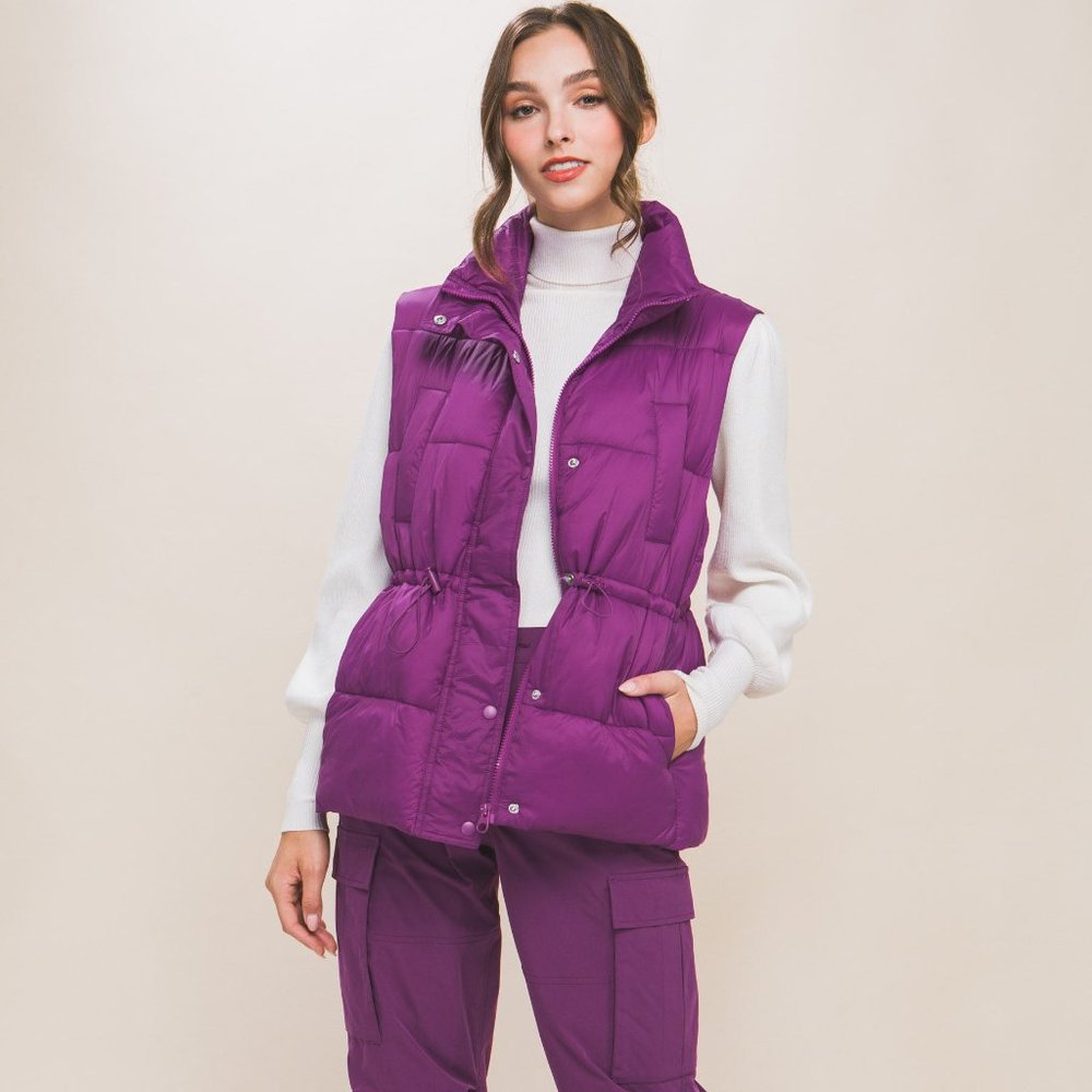 Zip Up Button Puffer Vest With Waist Toggles-Violet